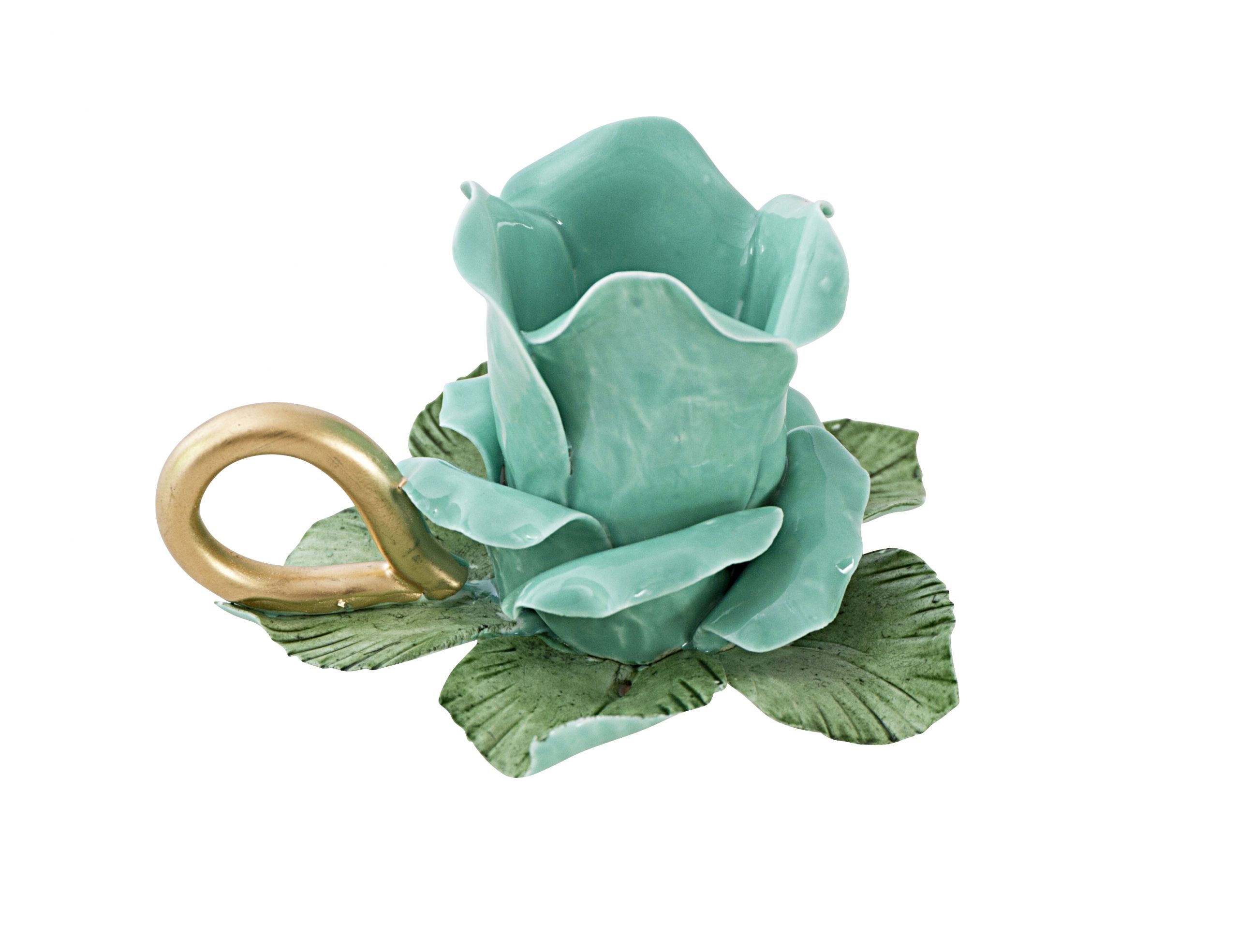 Candle holder rose ceramic emerald