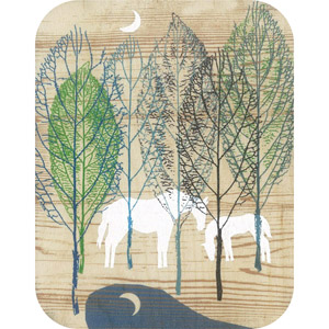 Wooden card horses in moonlight forest
