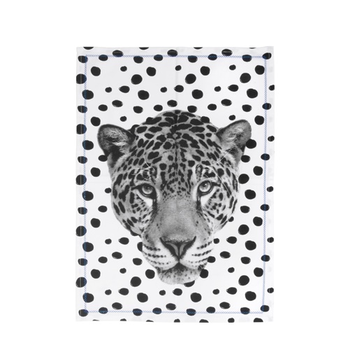 Tea towel leopard face blue stitch