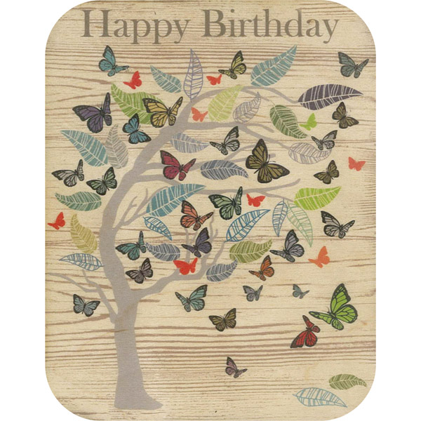 Wooden card happy birthday tree & butterflies