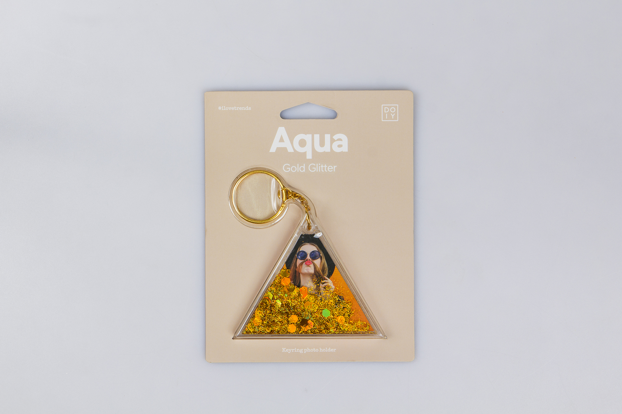 Keyring photo holder aqua gold glitter