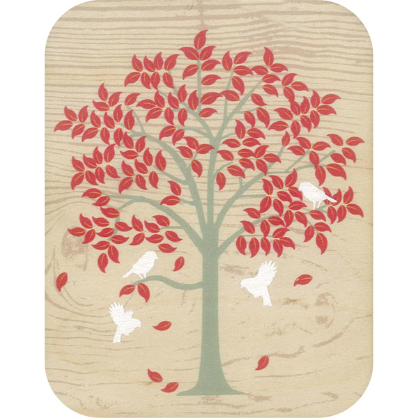 Wooden card red tree white birds