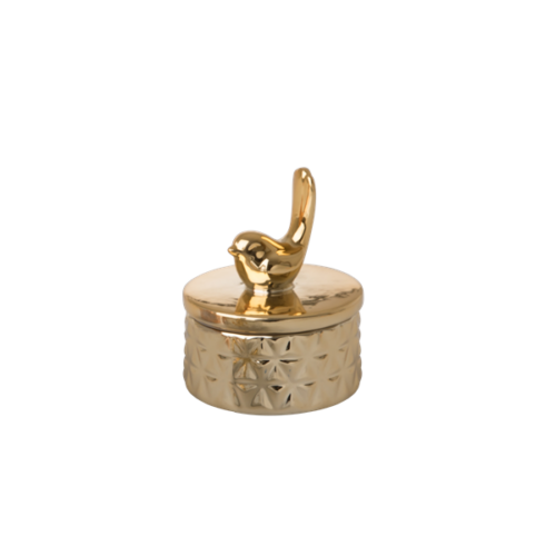 Tiny porcelain jewelry box bird gold