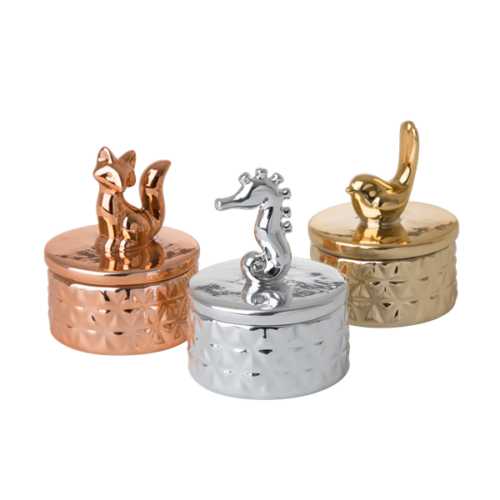 Tiny porcelain jewelry box fox copper