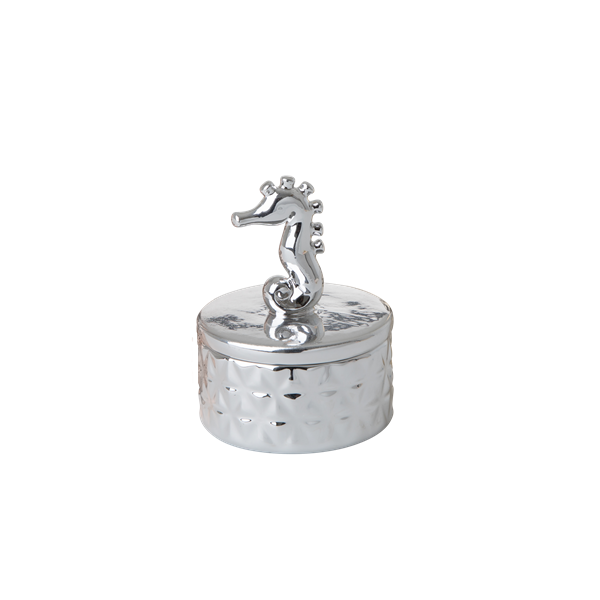 Tiny porcelain jewelry box seahorse silver