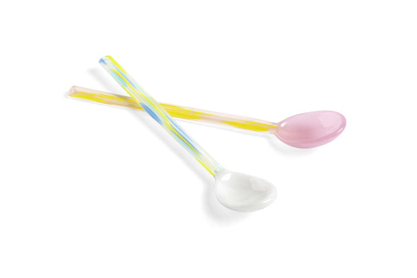 Glass spoons flat 2pcs light pink and white