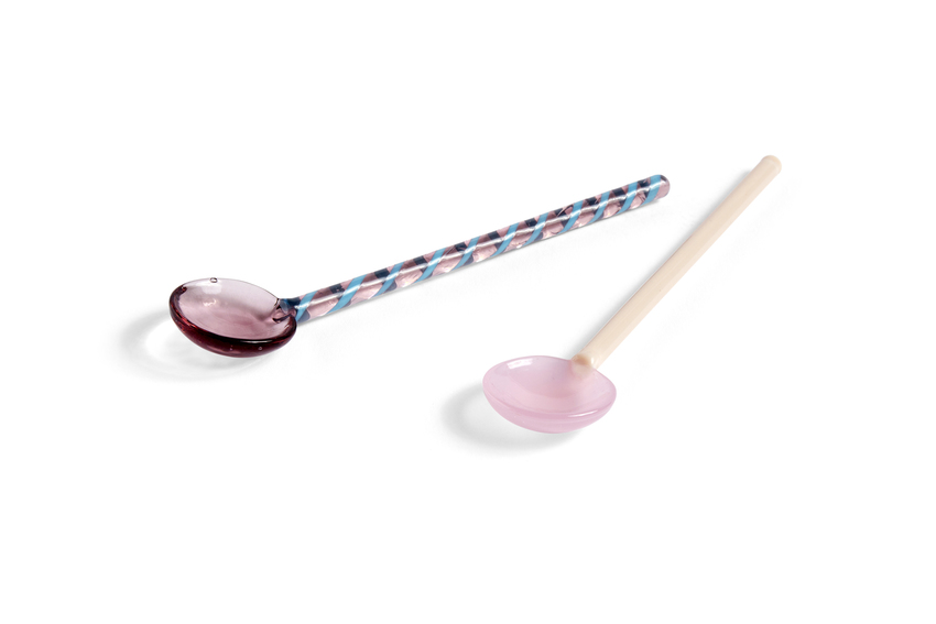 Glass spoons round 2pcs aubergine and light pink