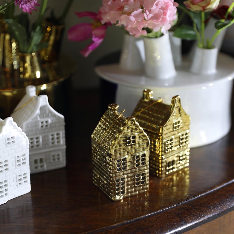 Ornament canal house gold set of 2