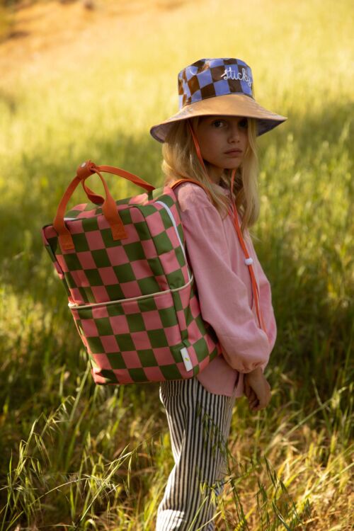 Backpack large checkerboard sprout green + flower pink