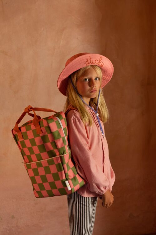 Backpack large checkerboard sprout green + flower pink