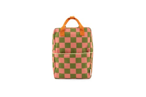 Backpack large checkerboard sprout green + flower pink