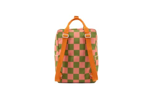 Backpack large checkerboard sprout green + flower pink