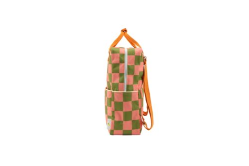 Backpack large checkerboard sprout green + flower pink