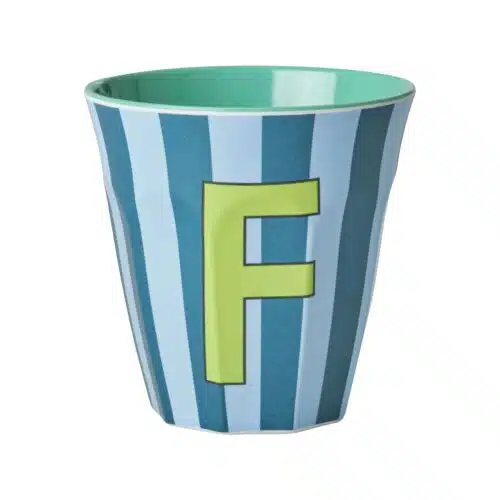 RICE Melamine beker letter F blauwe thema strepen
