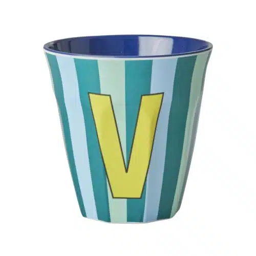 RICE Melamine beker letter V blauwe thema strepen