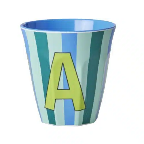RICE Melamine beker letter A blauwe thema strepen