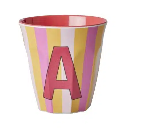 RICE Melamine beker letter A roze thema strepen
