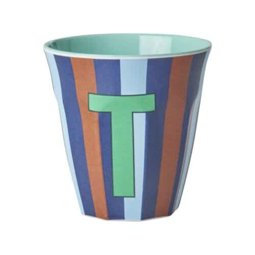 RICE Melamine beker letter T blauwe thema strepen