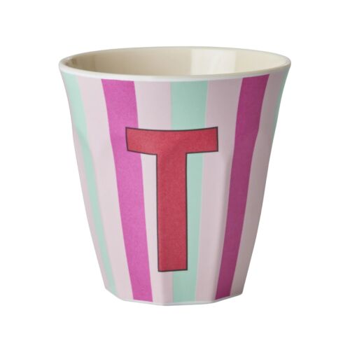 RICE Melamine beker letter T roze thema strepen