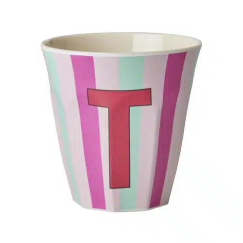 RICE Melamine beker letter T roze thema strepen