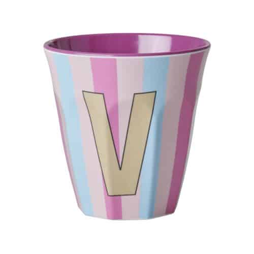 RICE Melamine beker letter V roze thema strepen