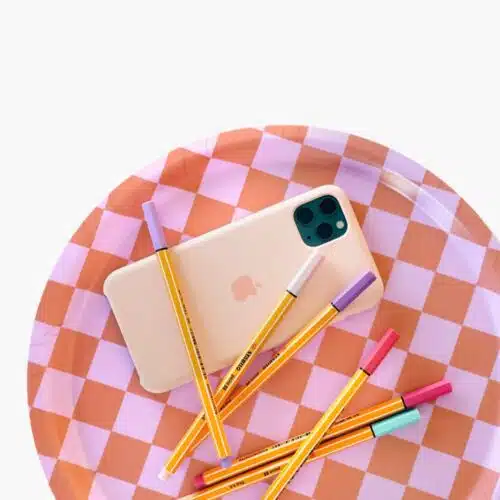 Blu Kat dienblad orange/pink checker rond 31cm