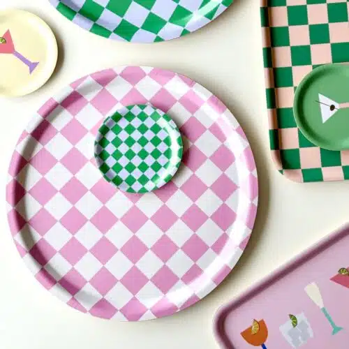 Blu Kat dienblad rasberry/cream checker rond 31cm